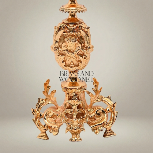 Baroque Handcrafted Brass Table Lamp Lion Medallion Rococo Base Pleated Off-White Shade Brass and Wood Gold Front | Brass & Wood