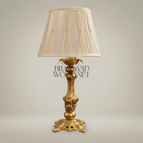 Baroque Ornate Brass Candlestick Table Lamp Pleated Cream Fabric Shade Classical Luxury Gold Front | Brass & Wood