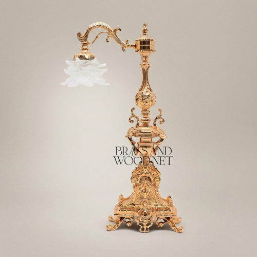 Baroque Ornate Brass Table Lamp with Scrollwork Pillar and Floral Frosted Glass Shade Gold Front | Brass & Wood