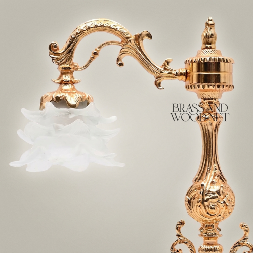 Baroque Ornate Brass Table Lamp with Scrollwork Pillar and Floral Frosted Glass Shade Gold Front | Brass & Wood