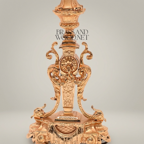 Baroque Handcrafted Brass Table Lamp Ornate Scrollwork Tripod Base Off-White Empire Shade Brass and Wood Gold Front | Brass & Wood