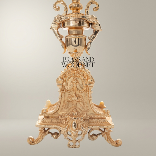 Baroque Handcrafted Brass Table Lamp Ornate Tripod Sculptural Base White Pleated Shade Brass and Wood Gold Front | Brass & Wood