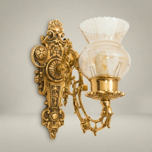 Baroque Ornate Brass Wall Sconce Rocaille Backplate Fluted Glass Shade Gold Front | Brass & Wood