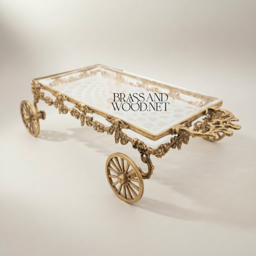 Baroque Brass Wheel Cart Chocolate Candy Tray Ornate Floral Frame Ceramic Top Brass and Wood Antique Front | Brass & Wood