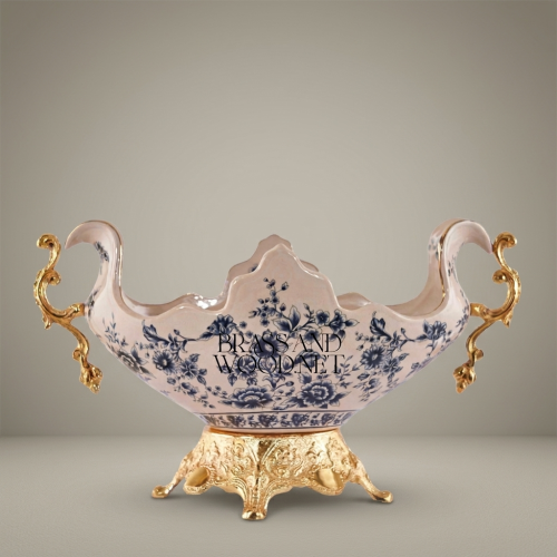 Baroque Ceramic Centerpiece Bowl Blue Floral Pattern Brass Ornate Stand Handles Brass and Wood Gold Front | Brass & Wood