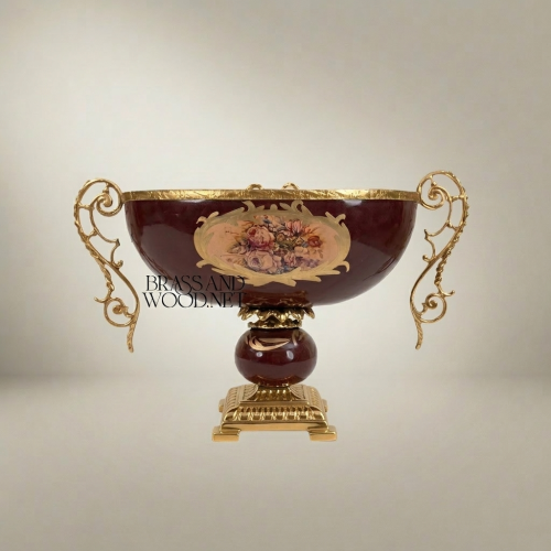 Baroque Wine Ceramic Brass Compote Bowl Floral Medallion Pedestal Scrollwork Handles Brass and Wood Gold Front | Brass & Wood