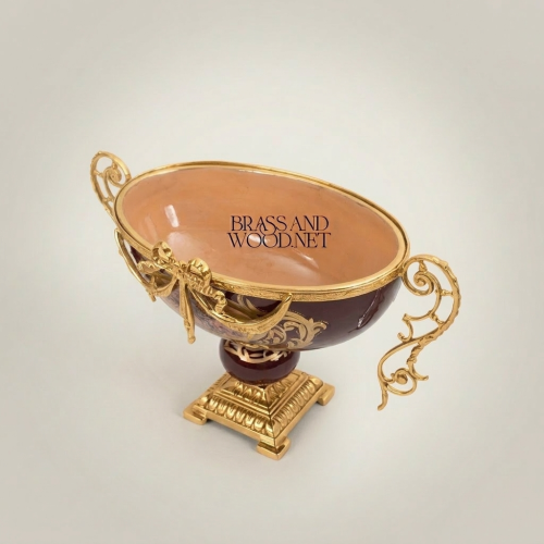 Baroque Wine Ceramic Brass Compote Bowl Floral Medallion Pedestal Scrollwork Handles Brass and Wood Gold Front | Brass & Wood