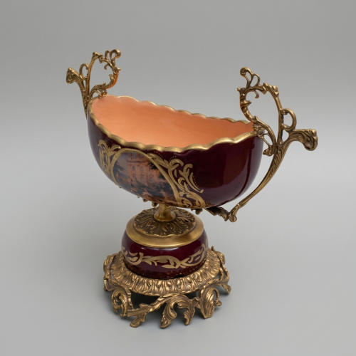 Baroque Handcrafted Wine Ceramic Compote Bowl with Antique Brass Scrollwork Handles and Scenic Medallion Antique Front | Brass & Wood
