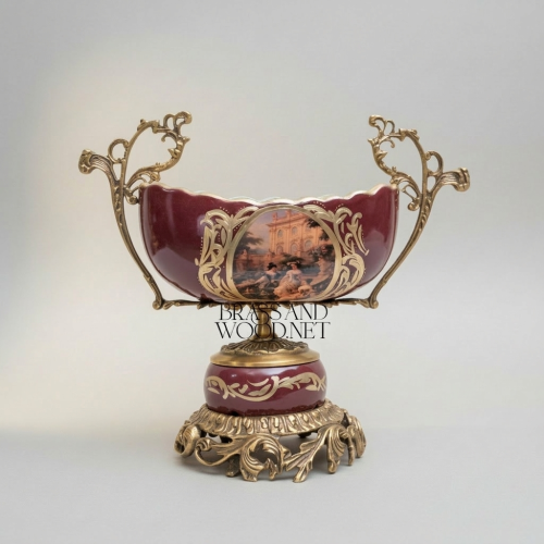 Baroque Handcrafted Wine Ceramic Compote Bowl with Antique Brass Scrollwork Handles and Scenic Medallion Antique Front | Brass & Wood