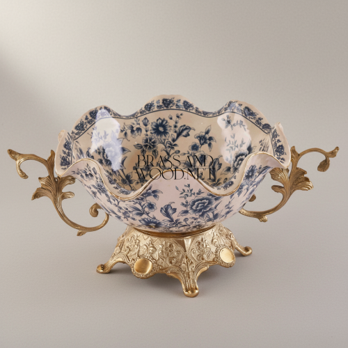 Baroque Ceramic Brass Decorative Bowl Blue Floral Scalloped Edge Ornate Stand Brass and Wood Antique Front | Brass & Wood
