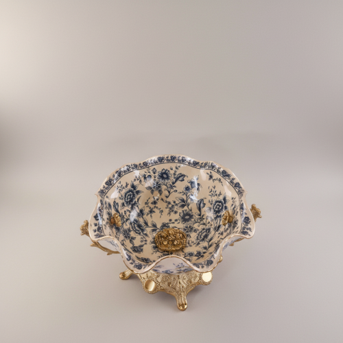 Baroque Ceramic Brass Decorative Bowl Blue Floral Scalloped Edge Ornate Stand Brass and Wood Antique Front | Brass & Wood