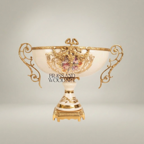 Baroque Ceramic Brass Footed Compote Bowl Hand-Painted Floral Twin Scroll Handles Brass and Wood Gold Front | Brass & Wood