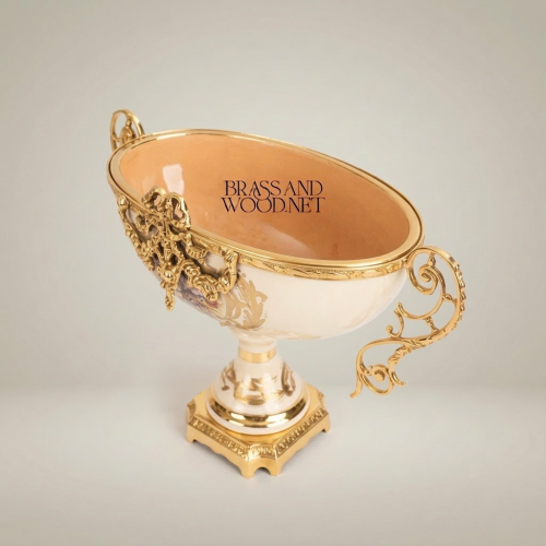 Baroque Ceramic Brass Footed Compote Bowl Hand-Painted Floral Twin Scroll Handles Brass and Wood Gold Front | Brass & Wood