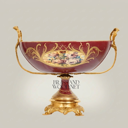 Baroque Wine Red Ceramic Footed Compote Bowl with Gilt Brass Handles and Hand-Painted Floral Medallion Gold Front | Brass & Wood