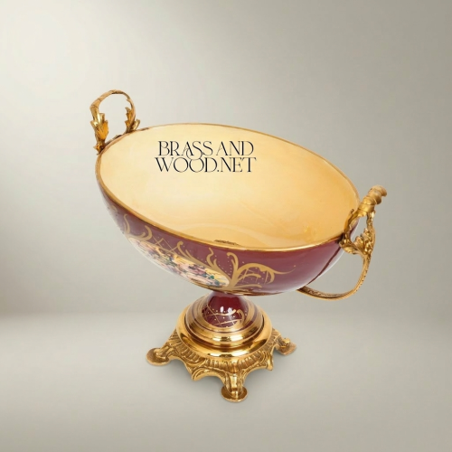Baroque Wine Red Ceramic Footed Compote Bowl with Gilt Brass Handles and Hand-Painted Floral Medallion Gold Front | Brass & Wood