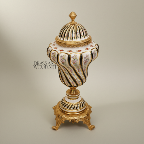 Baroque Spiral-Ribbed Ceramic and Brass Lidded Urn Vase with Hand-Painted Florals on Ornate Footed Base — Brass and Wood Gold Front | Brass & Wood