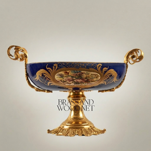 Baroque Navy Blue Ceramic Pedestal Compote Bowl with Brass Scrolled Handles and Floral Medallion Gold Front | Brass & Wood