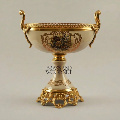 Baroque Ceramic Brass Pedestal Compote Bowl Floral Hand-Painted Ornate Brass and Wood Gold Front | Brass & Wood