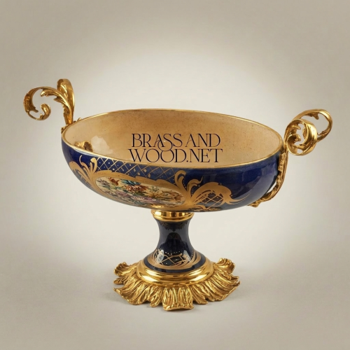 Baroque Navy Blue Ceramic Pedestal Compote Bowl with Brass Scrolled Handles and Floral Medallion Gold Front | Brass & Wood