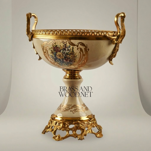 Baroque Ceramic Brass Pedestal Compote Bowl Floral Hand-Painted Ornate Brass and Wood Gold Front | Brass & Wood