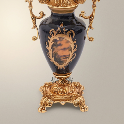 Baroque Handcrafted Navy Blue Ceramic Brass Table Lamp Ornate Scroll Handles White Pleated Shade Gold Front | Brass & Wood