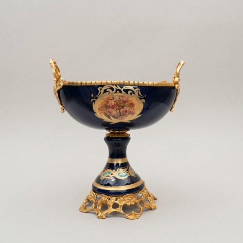Baroque Navy Blue Ceramic Pedestal Compote Bowl Floral Medallion Ornate Brass Stand Brass and Wood Gold Front | Brass & Wood