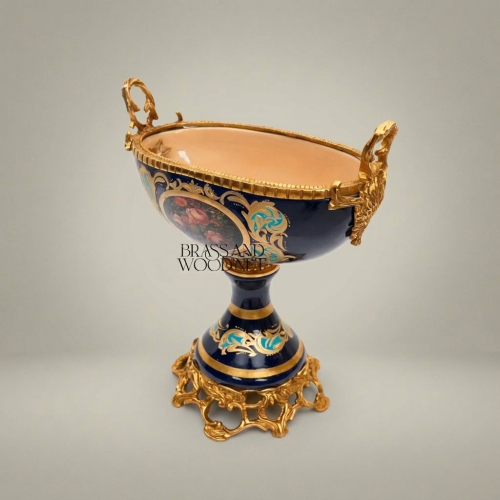 Baroque Navy Blue Ceramic Pedestal Compote Bowl Floral Medallion Ornate Brass Stand Brass and Wood Gold Front | Brass & Wood
