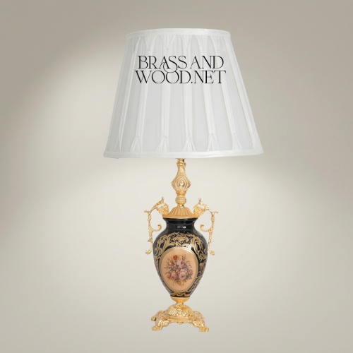 Baroque Ceramic Urn Table Lamp Floral Medallion Black Ornate Brass Stand White Pleated Shade Brass and Wood Gold Front | Brass & Wood
