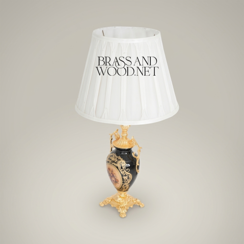 Baroque Ceramic Urn Table Lamp Floral Medallion Black Ornate Brass Stand White Pleated Shade Brass and Wood Gold Front | Brass & Wood