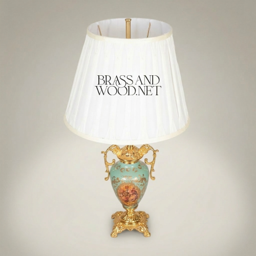 Baroque Hand-Painted Turquoise Ceramic Urn Table Lamp with Ornate Brass Mounts and White Pleated Shade Gold Front | Brass & Wood