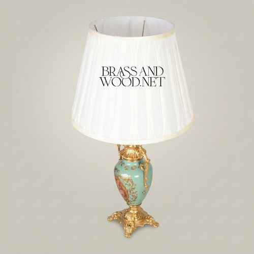 Baroque Hand-Painted Turquoise Ceramic Urn Table Lamp with Ornate Brass Mounts and White Pleated Shade Gold Front | Brass & Wood