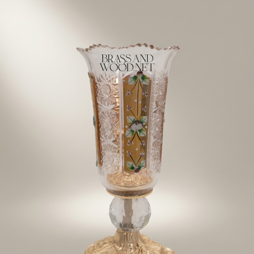 Baroque Chalice Crystal Candle Holder with Enamel Floral Panels & Gilt Base