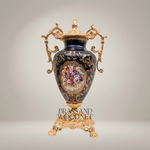 Baroque Cobalt Blue Ceramic Lidded Urn Vase with Gilt Brass Handles Floral Medallion Brass and Wood Gold Front | Brass & Wood