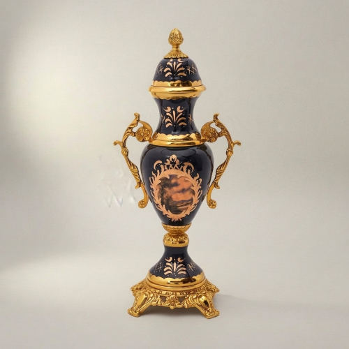 Baroque Cobalt Blue Ceramic and Brass 3-Piece Garniture Set with Lidded Urns and Centrepiece Tazza Gold Front | Brass & Wood