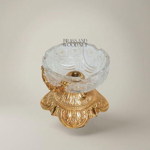 Baroque Cut Crystal Ashtray Ornate Brass Ormolu Base Floral Swag Mounts Brass and Wood Gold Front | Brass & Wood