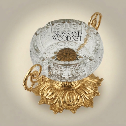 Baroque Handcrafted Crystal Ashtray Ornate Acanthus Brass Pedestal Scroll Handles Gold Front | Brass & Wood
