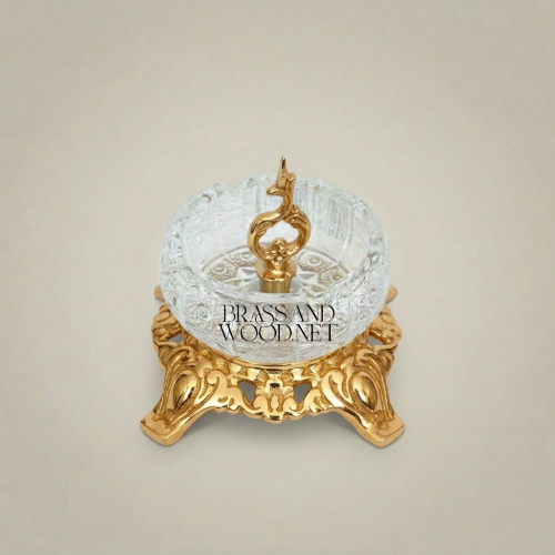 Baroque Crystal Ashtray Ornate Brass Filigree Base Scroll Finial Brass and Wood Gold Front | Brass & Wood