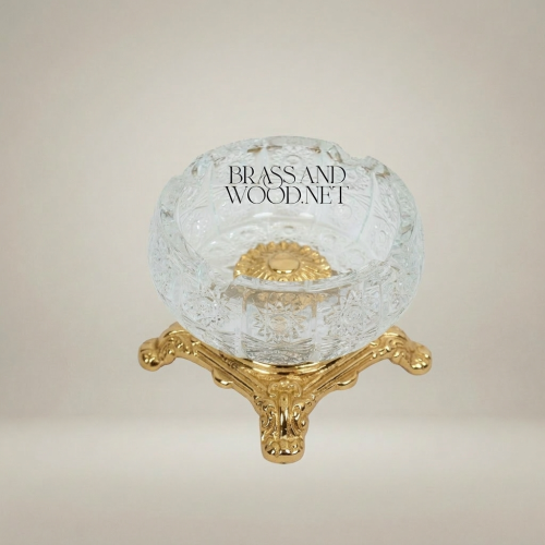 Baroque Crystal Ashtray with Ornate Brass Footed Stand