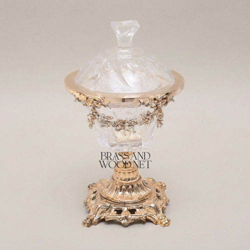 Baroque Crystal Bonbonniere Floral Brass Garland Ornate Pedestal Base Brass and Wood Gold Front | Brass & Wood