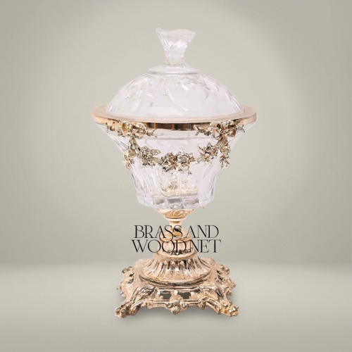 Baroque Crystal Bonbonniere Floral Brass Garland Ornate Pedestal Base Brass and Wood Gold Front | Brass & Wood