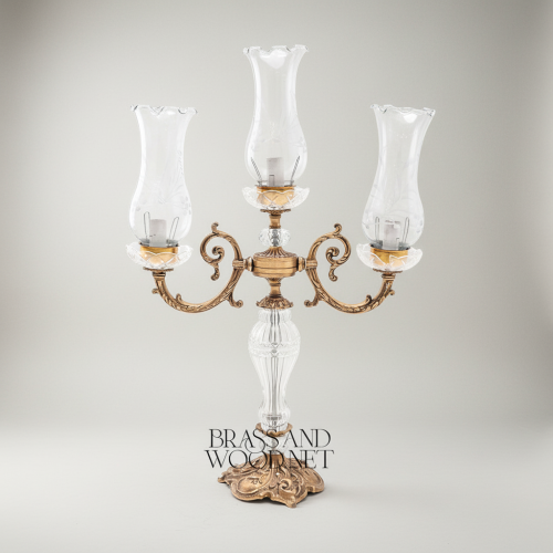Baroque 3-Arm Crystal Brass Candelabra Table Lamp with Etched Glass Hurricane Shades Ornate Rococo Base antique Front | Brass & Wood