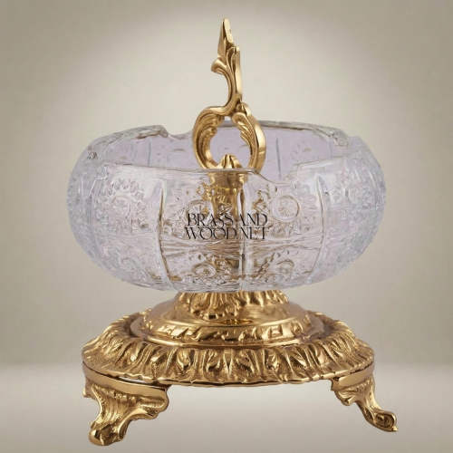 Baroque Crystal & Brass Ashtray with Acanthus Pedestal Base