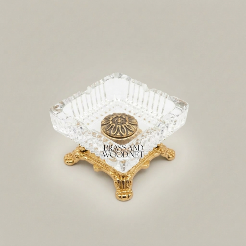 Baroque Crystal Ashtray on Ornate Brass Footed Base Classical European Style Gold Front | Brass & Wood