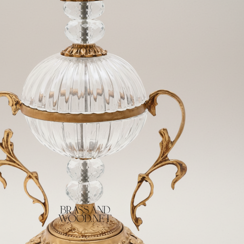 Baroque Ribbed Crystal Globe Bonbonniere with Ornate Brass Finial and Scroll Handles Antique Front | Brass & Wood