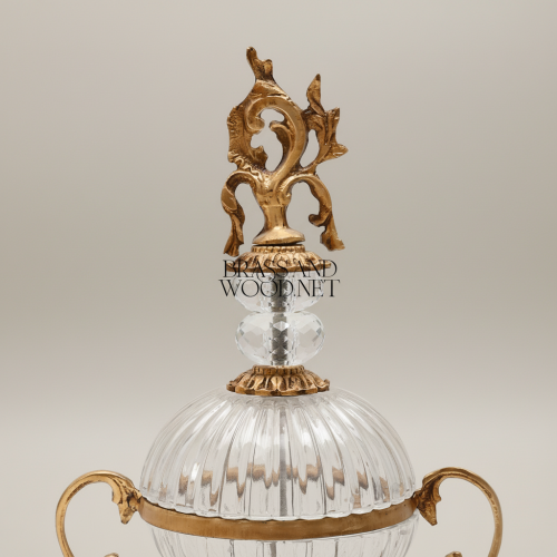 Baroque Ribbed Crystal Globe Bonbonniere with Ornate Brass Finial and Scroll Handles Antique Front | Brass & Wood