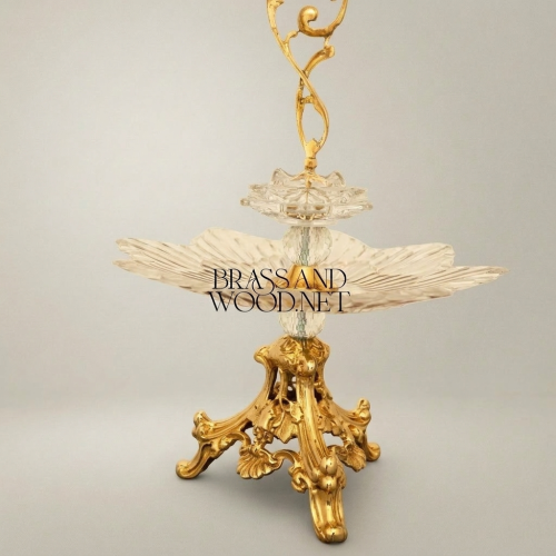 Baroque Crystal and Brass Bonbonniere Pedestal Stand with Ornate Foliate Base and Scroll Handle Gold Front | Brass & Wood