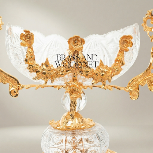 Baroque Handcrafted Crystal and Brass Bonbonniere Twin-Handle Floral Pedestal Bowl Brass and Wood Gold Front | Brass & Wood