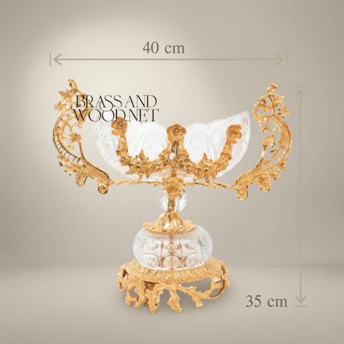 Baroque Handcrafted Crystal and Brass Bonbonniere Twin-Handle Floral Pedestal Bowl Brass and Wood Gold Front | Brass & Wood