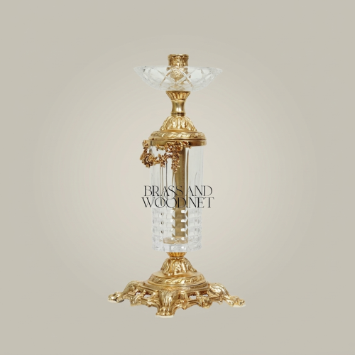 Baroque Crystal & Brass Candlestick with Ornate Scrollwork Base