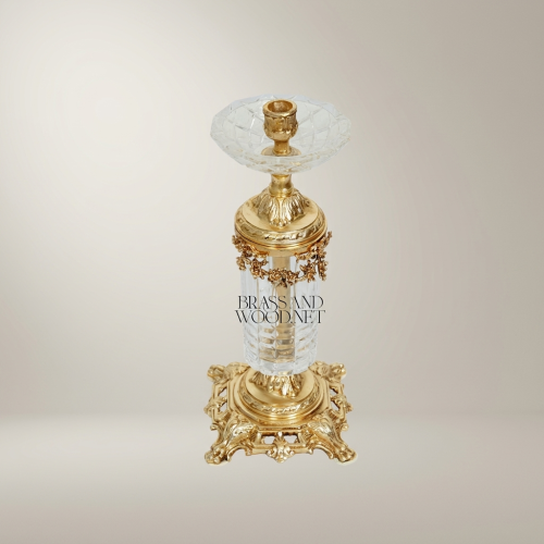 Baroque Crystal & Brass Candlestick with Ornate Scrollwork Base